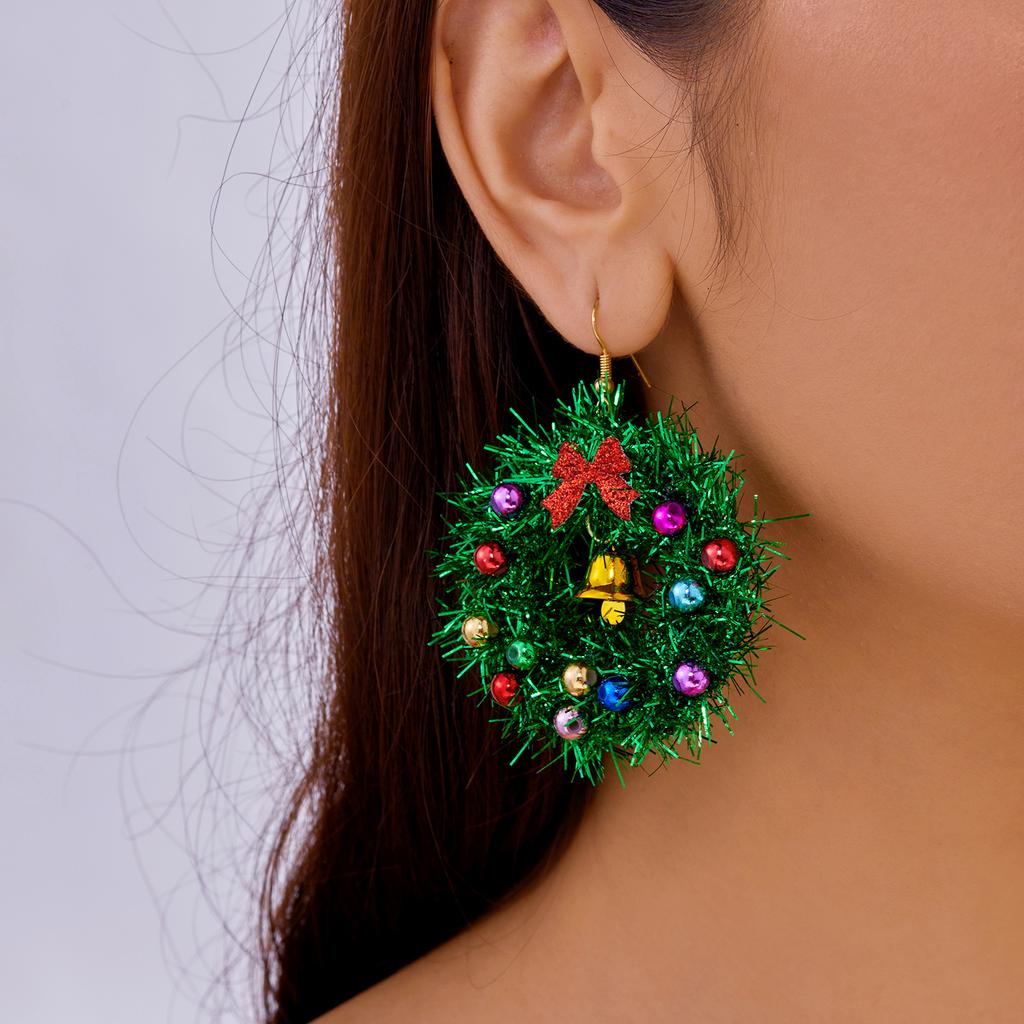 Creative Green Color Xmas Garland Bow Bell Pendant Earrings for Women Fashion Christmas Tree Earrings New Year Ear Jewelry Gift