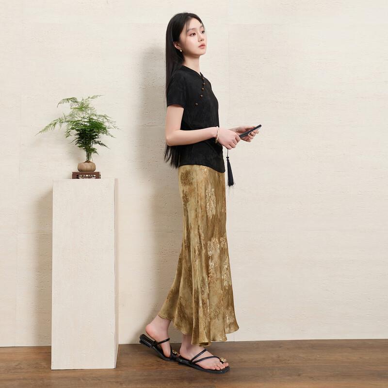 SanCai New Chinese Style Jacquard A-Line Maxi Skirt