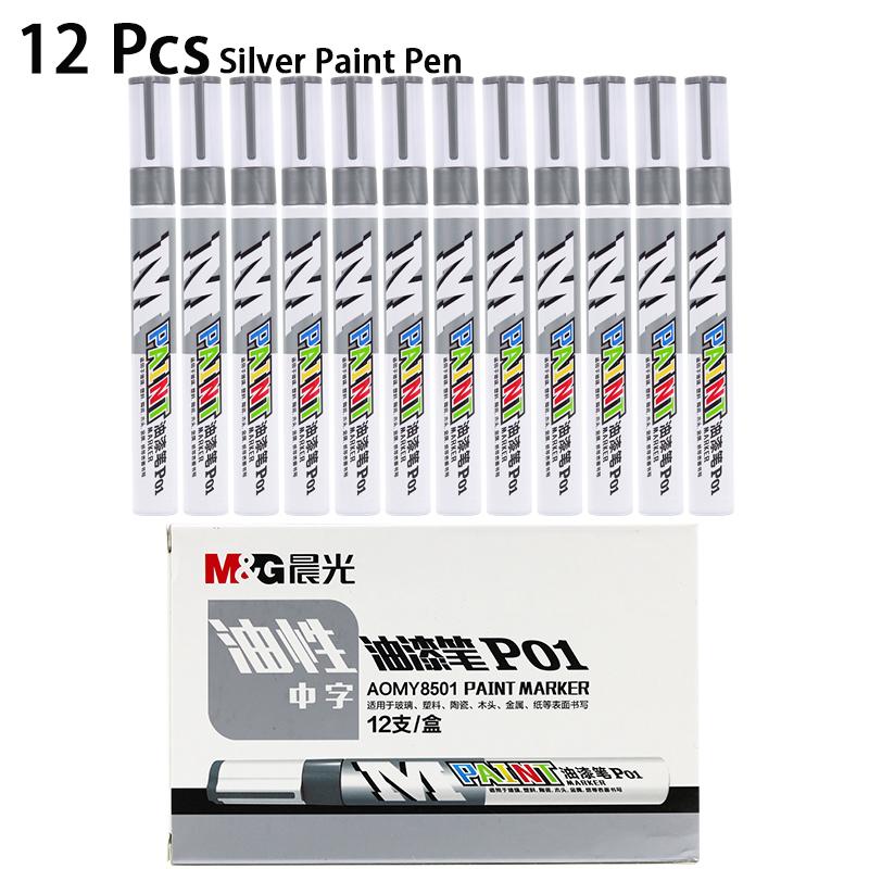 M&G 1/12 Pcs 2mm Black Blue Red White Silver Waterproof Paint Pen Oil-based Paint Car Scratch Repair Pen Auto Touch Up Paint Pen
