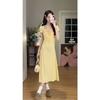 Yellow Dress Pure Wind Floral Sweet Slim Temperament Dress Full Lace Square Collar Medium and Long Inner Skirt