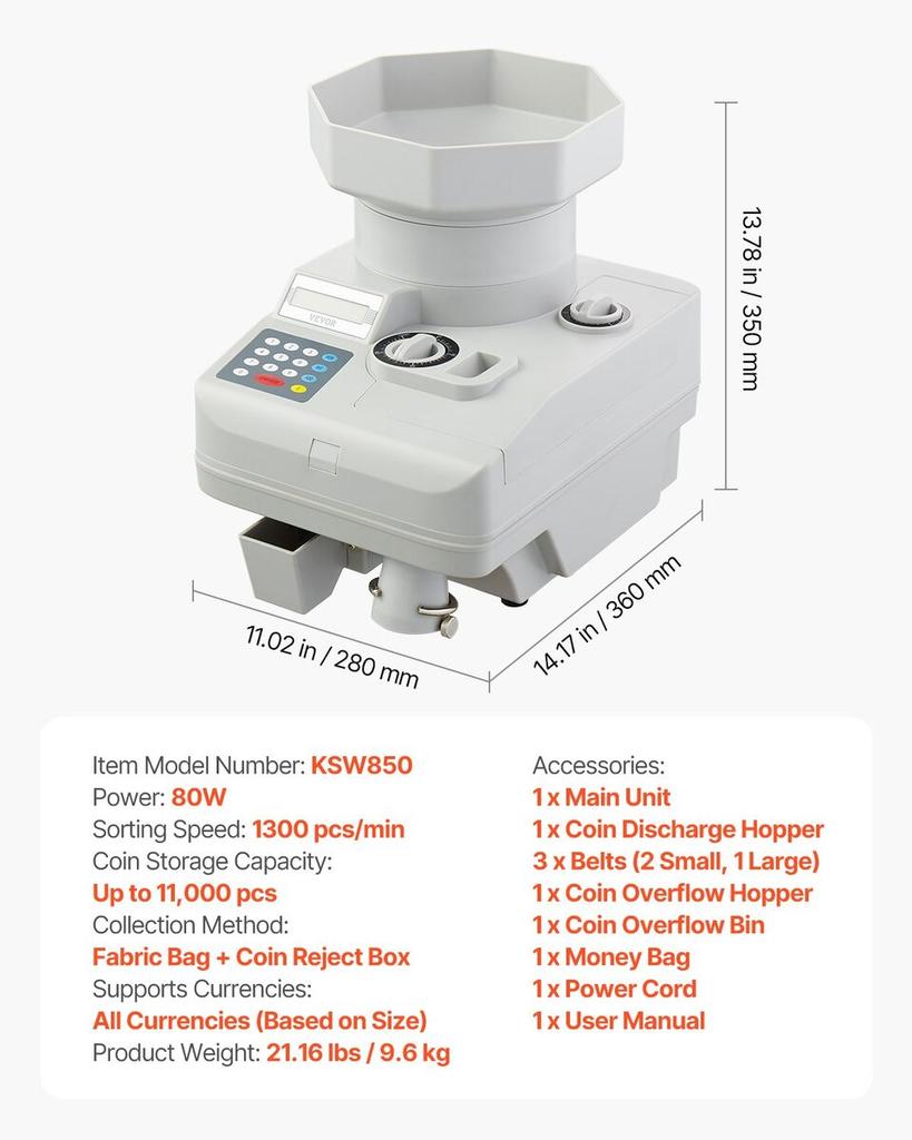 Coin Counter Professional Coin Sorter LED Display Holds up to 11000 Coins