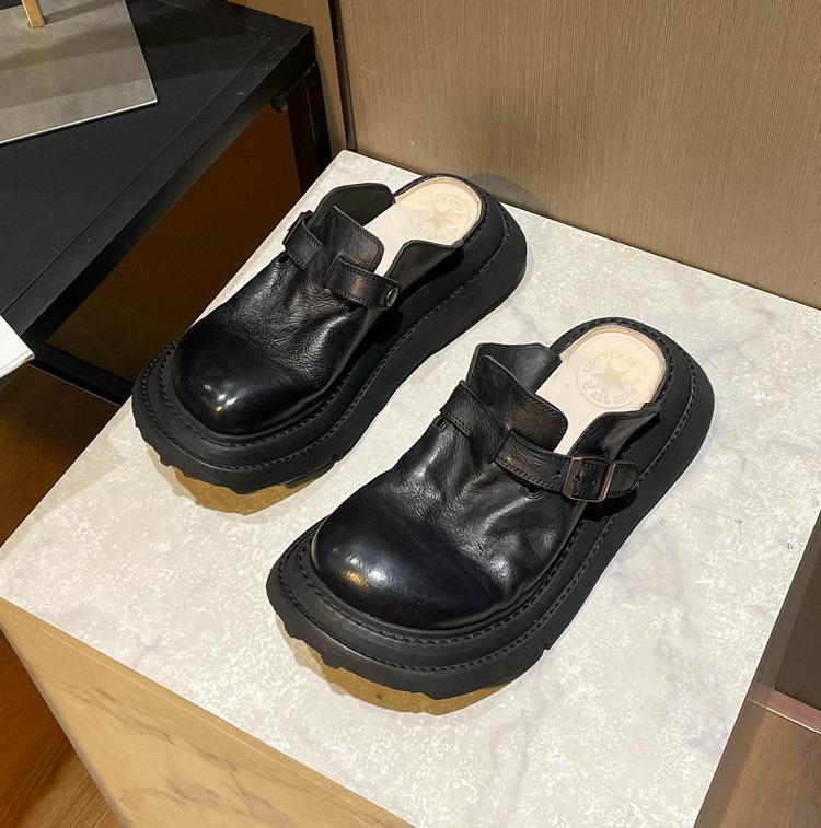 

2024 лето новые туфли Boken ретро выстиранные старые сумка голова шлепанцы женская обувь половина сандалий толстая подошва большая голова 40 чёрный