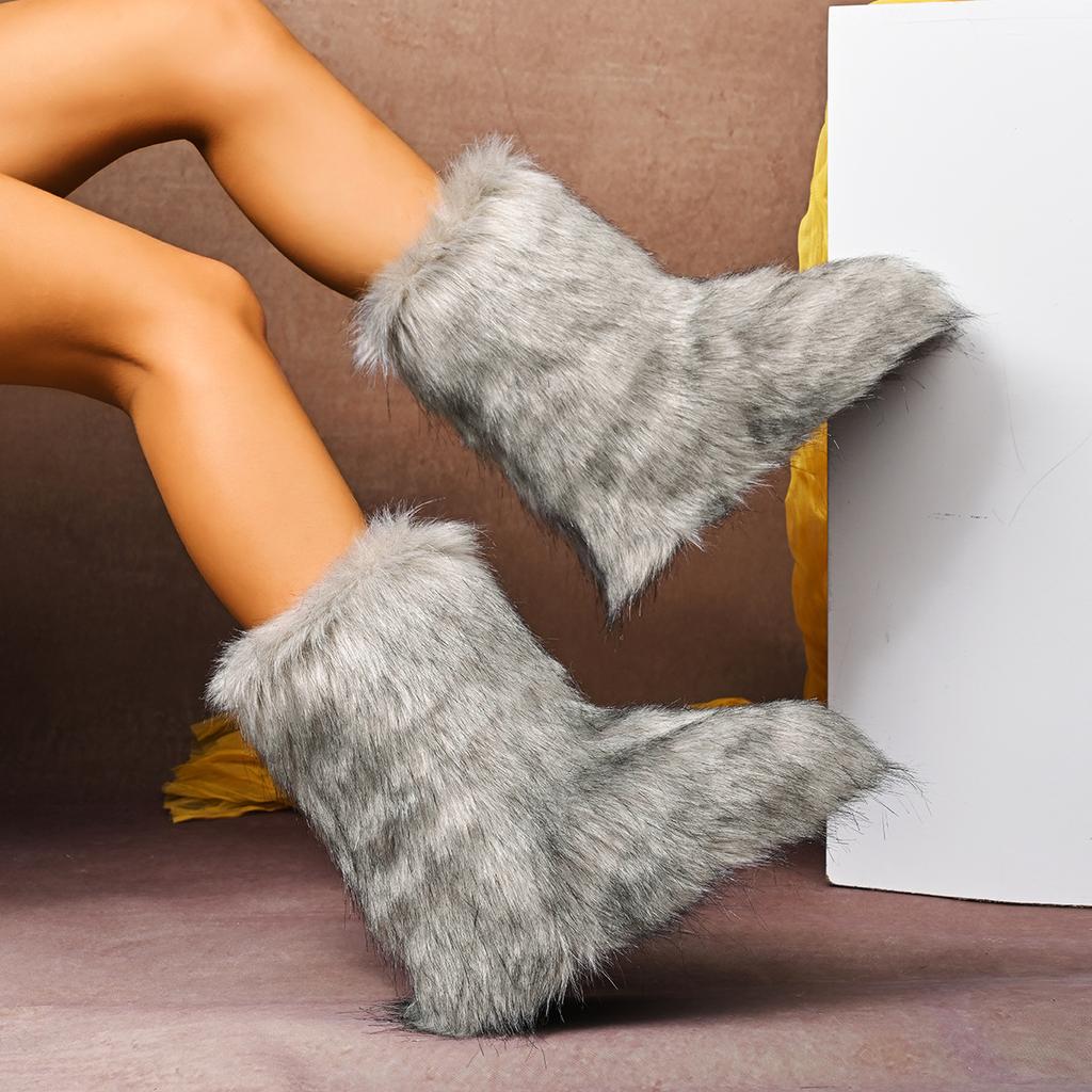 Fashion Faux Fur Boots Women Winter Snow Boots Luxury Fluffy Fuzzy Short Botas Warm Cozy Mid-Calf Botas Mujer Cross Belt Buckle PlusSize