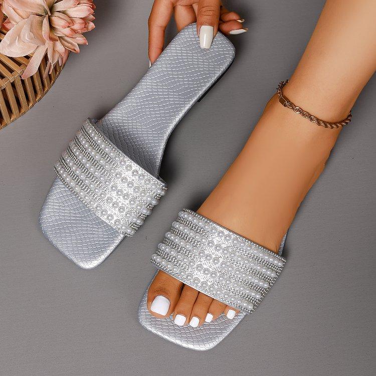 Women s Pearl Rhinestone Slippers Sandals Square Toe Flat Mules Open Toe Summer Beach Vacation Casual Daily Wear Elegant Shoes 35