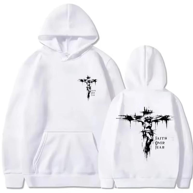 Men's Sweatshirt with Religious Cross Print and Motivational Text Pullover Style Autumn Fashion Casual Hooded Sweatshirt