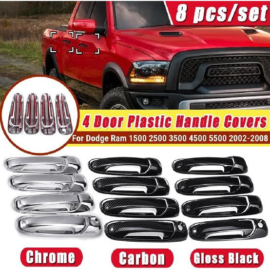 8Pcs Set Plastic 4 Door Handle Covers Fit for Dodge Ram 1500 2500 3500 4500 5500 2002 2003 2004 2005 2006 2007 2008-Gloss-Black