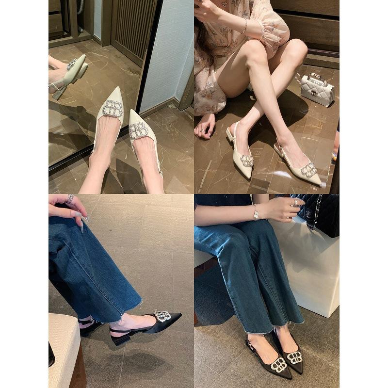 Sheepskin version~ Grape mother pointed head exquisite rhinestone buckle thin French back empty single shoes women's summer bag head sandals