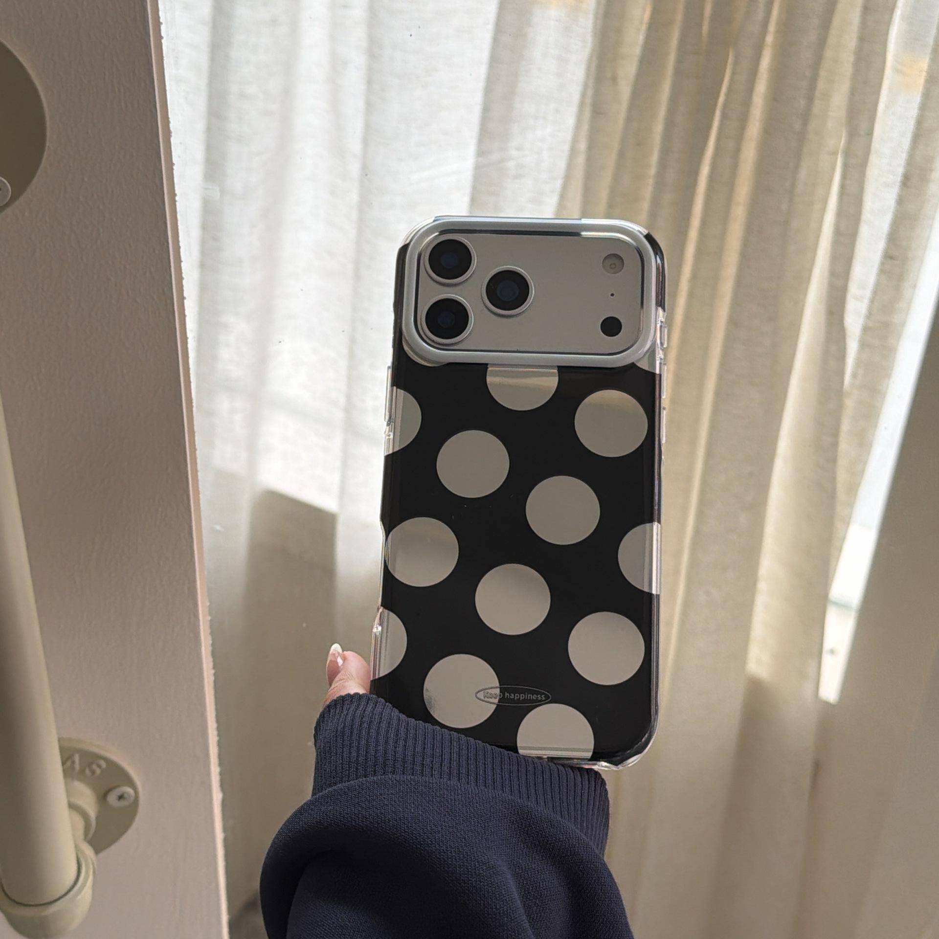 

Niche Minimalist Silver Polka Dot Phone Case for iPhone 17 Pro Max with Apple Pendant, Korean Style iPhone 14