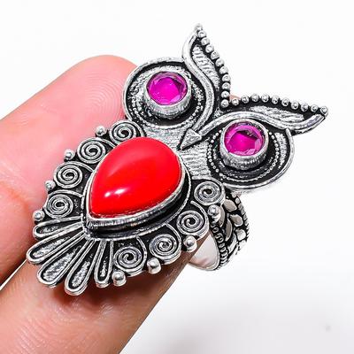 Italian Red Coral, Rubillite  925 Sterling Silver Jewelry Ring Size 8.5 E6u90