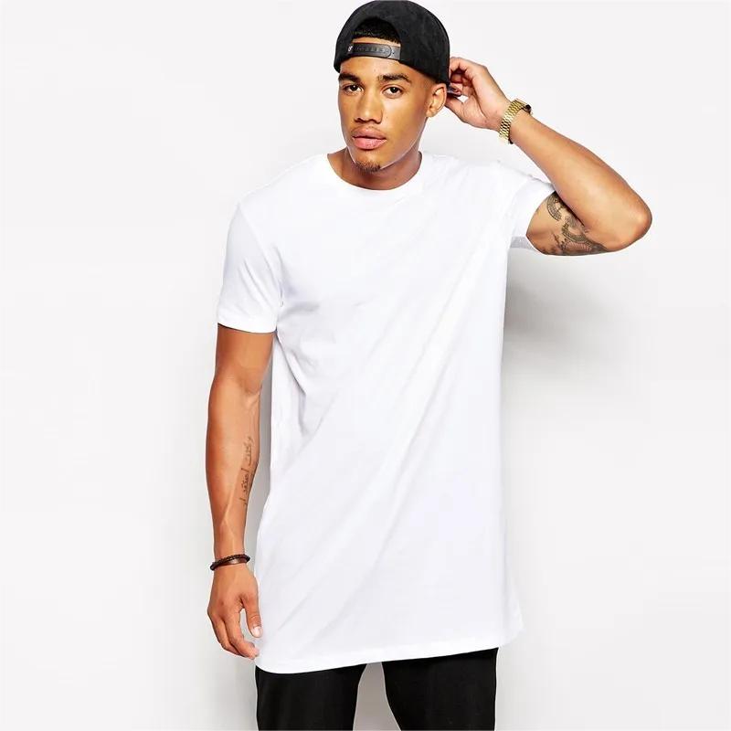 Wovey Hip Hop Mannen T-shirt US Maat Longline Mannen T-shirt Korte Mouw Mannen T-shirt Lang T-shirt Mannen Top T-shirts voor Mannen L wit