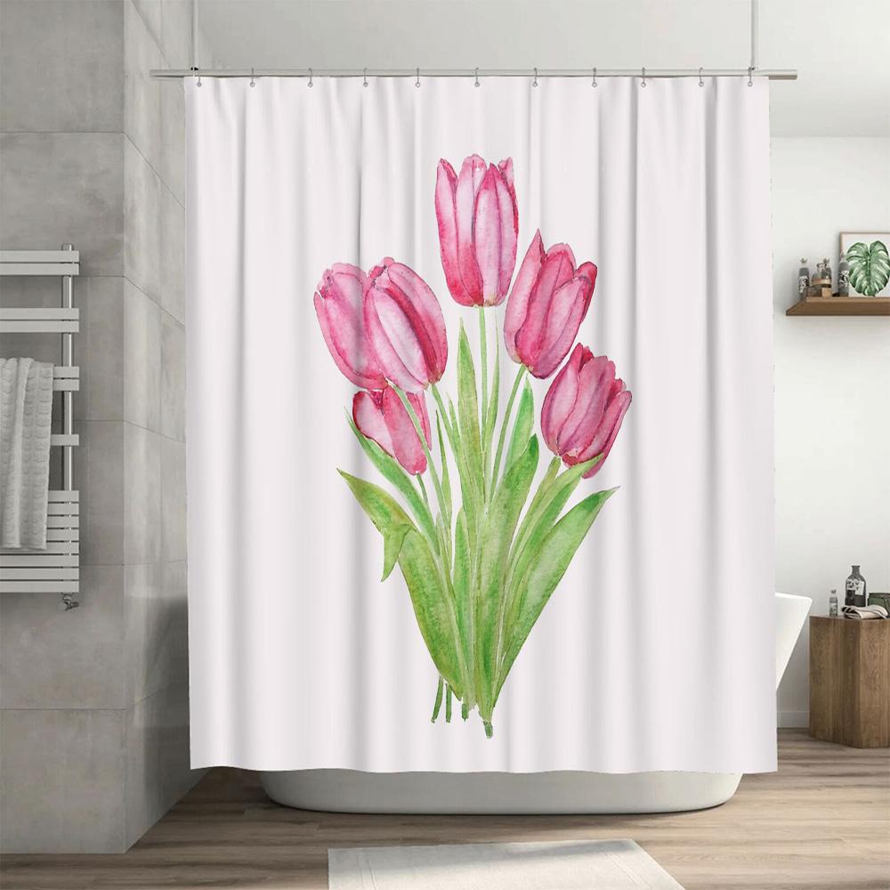 Floral Shower Curtain Botanical Tulip Flowers Pattern Bathroom Decor Waterproof Fabric Washable Modern Farmhouse Style Home