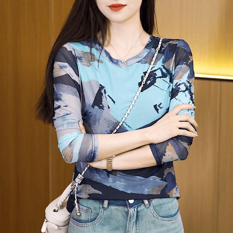 

Женская футболка с длинным рукавом из сетки с принтом тушью, облегающая - Весна/Осень 2025 2XL