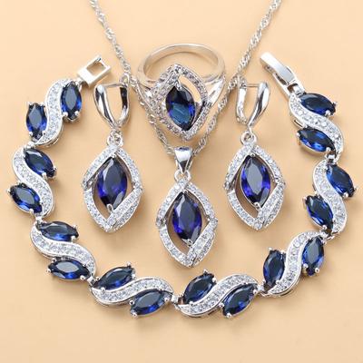 Wedding Elegant Women Bridal Fine Jewelry With Natural Stone Cz Blue Bracelet Ring Earrings For Women Necklace Sets
