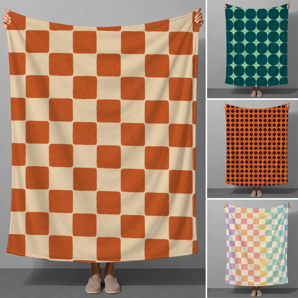 Vintage Geometrisches Schachbrett Retro Muster Kunst Überwurf Weiche Flanell Überwurfdecke für Couch Bett Sofa Warm Gemütlich Ganzjahres