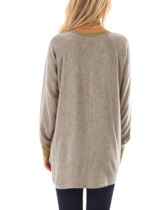 Sweatshirt à col rond bloc de couleur avec poche pour femme - Manches longues T-shirt décontracté