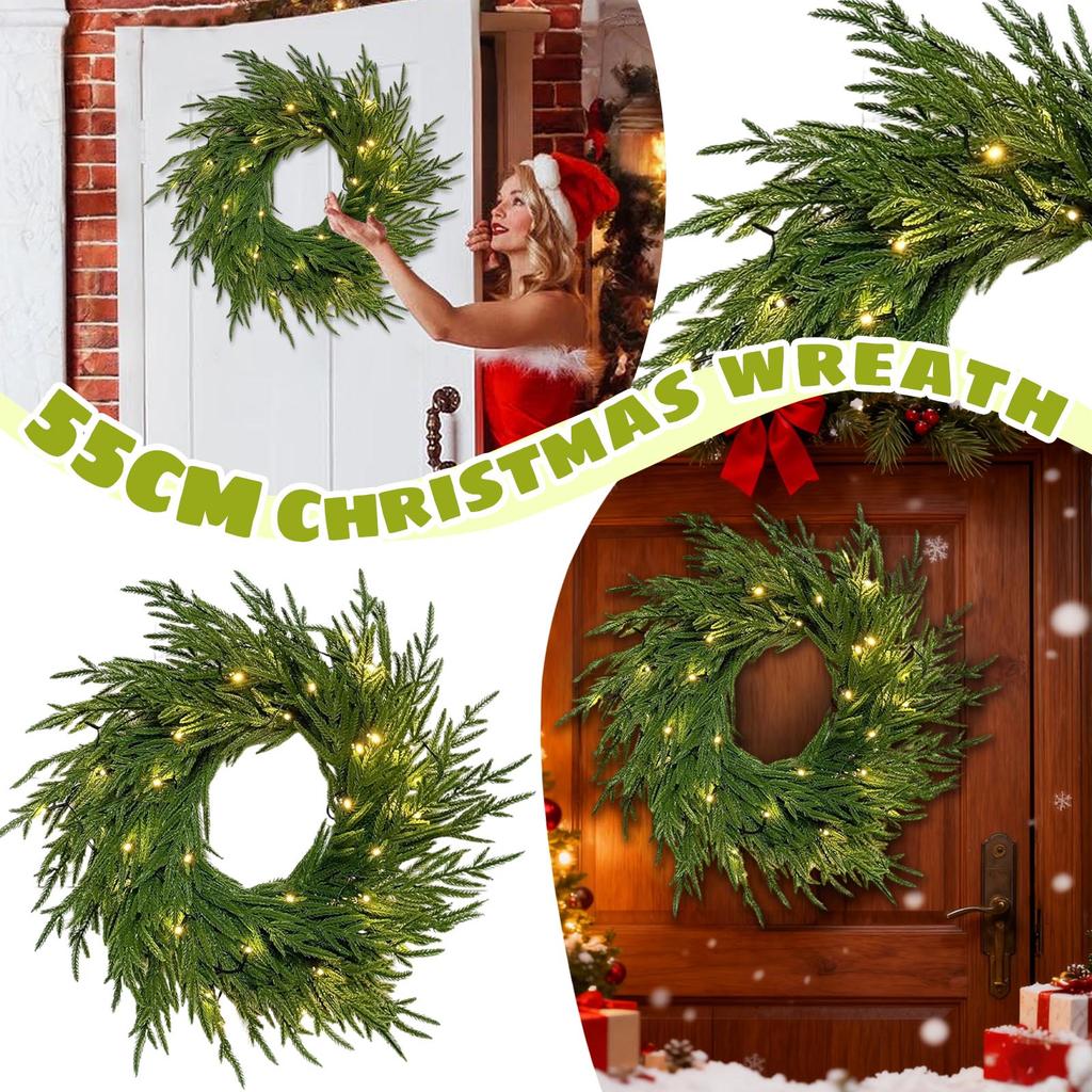 Pre-Lit Artificial Christmas Wreath,  Artificial Christmas Garland For Front Door With Red Bow, Cones, Red Berries,  LED Lights For Christmas Deco