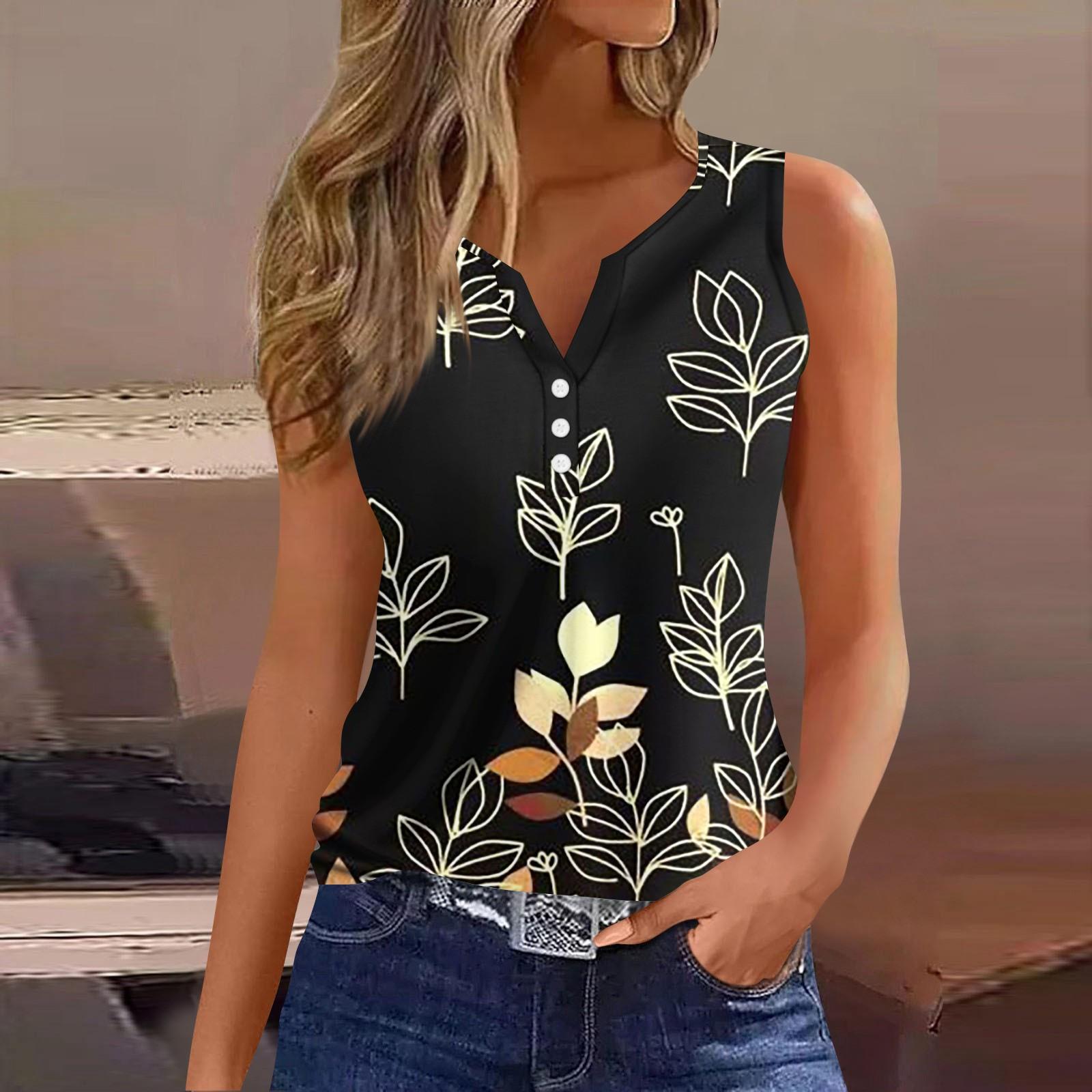 

Жен. Футболка Футболка С принтом Пуговицы Без рукавов Повседневные Выходные Мода Классический V-образный вырез Обычный Верх XXL чёрный