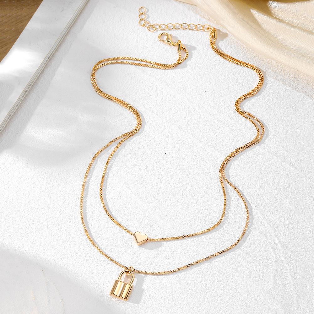 Ladies Titanium Steel Lock Two Layer Love Heart Pendant Necklace Jewelry