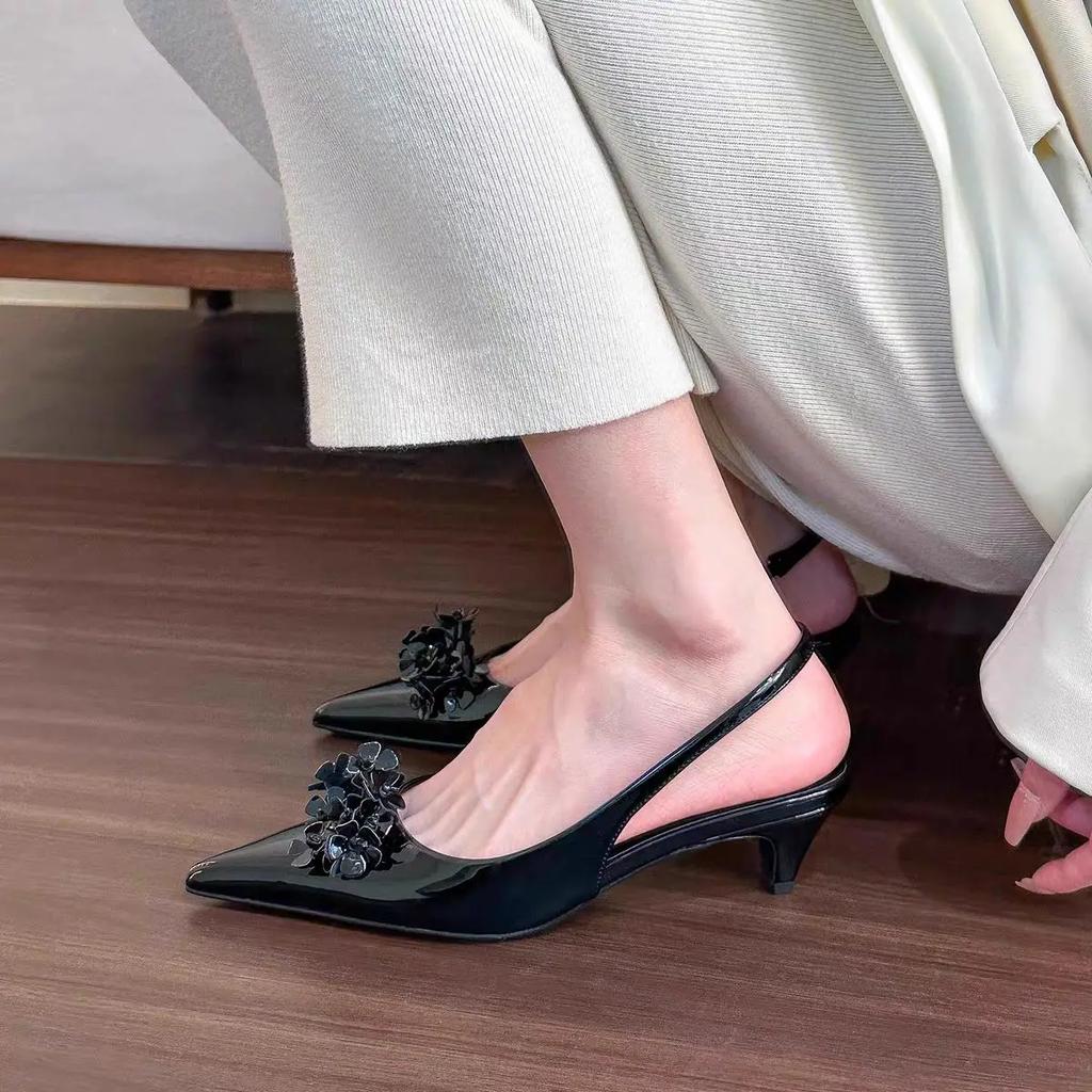 Fashion Woman Spring Beautiful Slingbacks Pumps Sexy Pointed Toe Flower High Heels Wedding Party Female Patent Leather Shallow Sandals