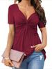 Women's V Neck Knot Front Blouse Short Sleeve Oversized Solid Summer Tunic T-Shirt