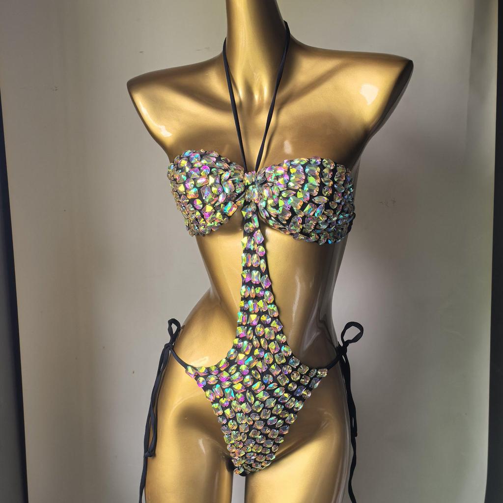 European Handmade Crystal Diamond Bikini - Deep V Lace-Up Women's Swimsuit