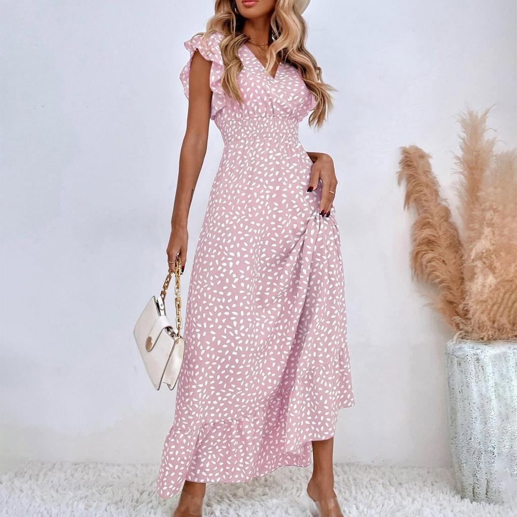 Women's Casual Fashion Sexy New V-Neck Ruffle High Waist Slim Fit Long Maxi Dress With Short Sleeves
