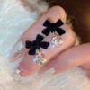 Black Bow Flocking Earrings Women's Light Luxury Design Earrings Autumn and Winter Ear Jewelry