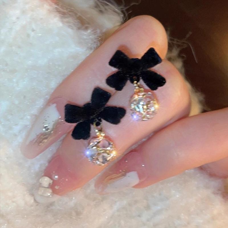 Black Bow Flocking Earrings Women's Light Luxury Design Earrings Autumn and Winter Ear Jewelry