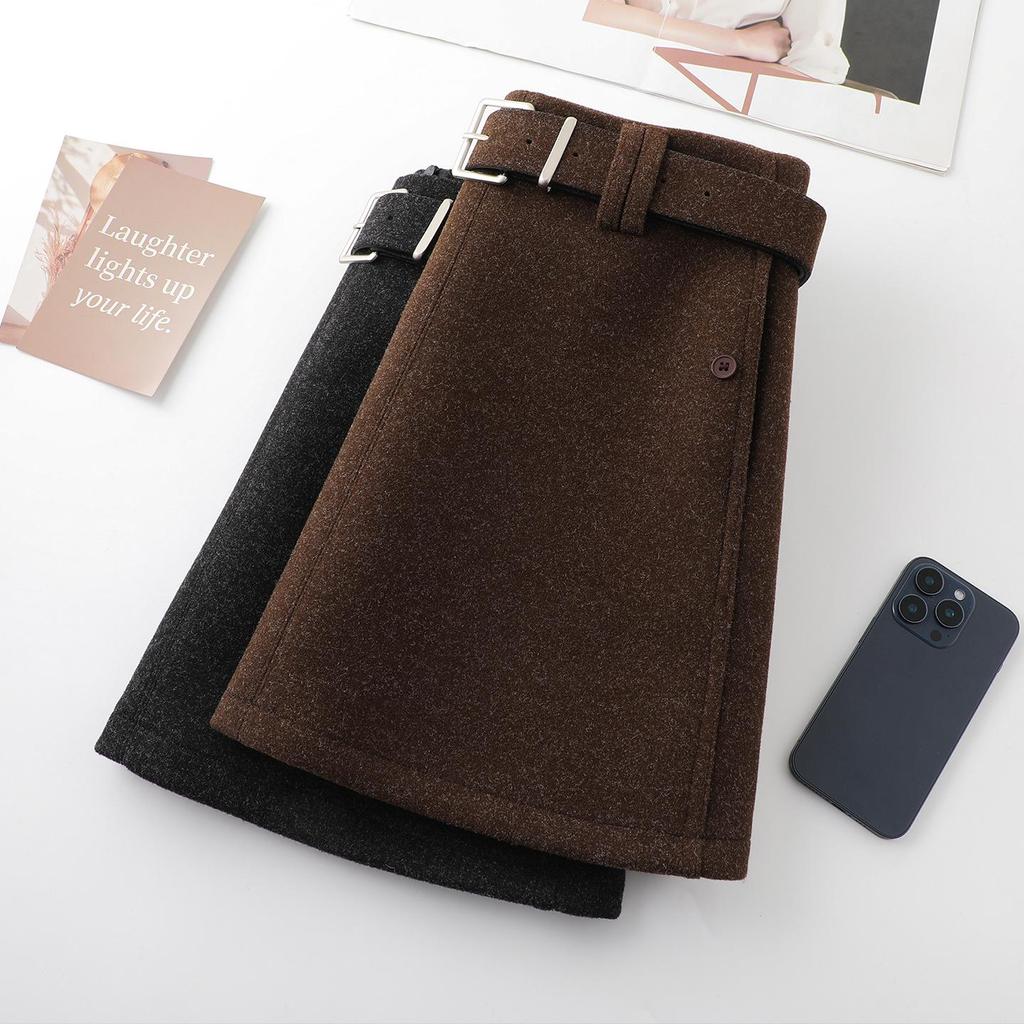 2025 Coffee Wool A-line High-waisted Slim-fitting Skirt for Petite Women’s Winter Collection