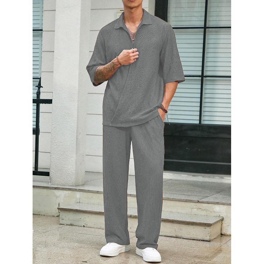 Spring Commuter Men's Casual Shirt Solid Color Half Sleeve Trousers Two-piece Suit