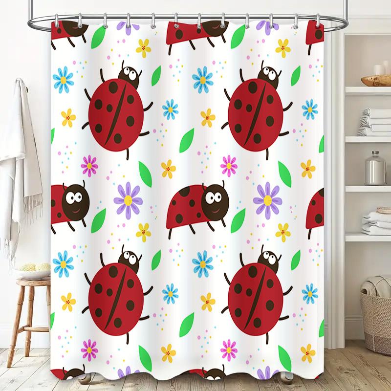 Bright Ladybug Shower Curtain 3D Printed Fabric Waterproof Bathroom Decor with Floral Print