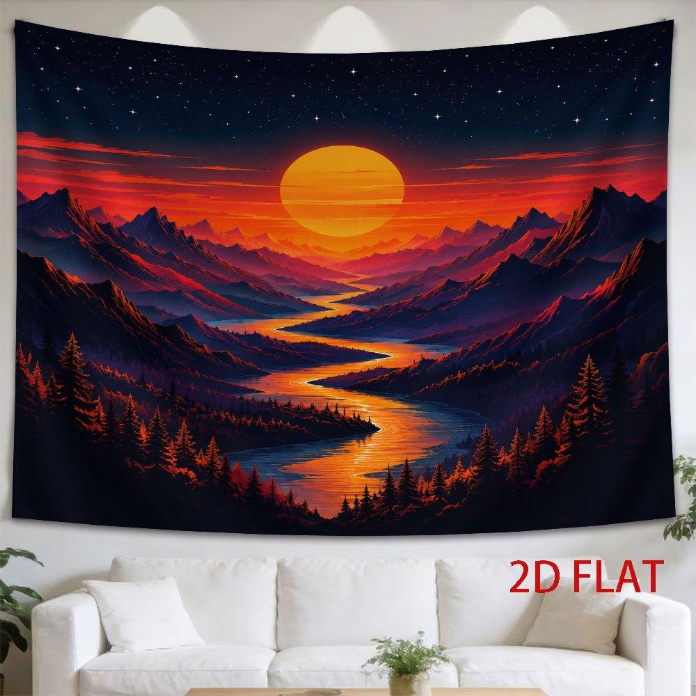 1pc Horizontal Wall Tapestry Suitable for Decor - Mountain Twilight Landscape with Starry Sky, Sunlit Valleys & River Forest, Horizontal Hanging for N