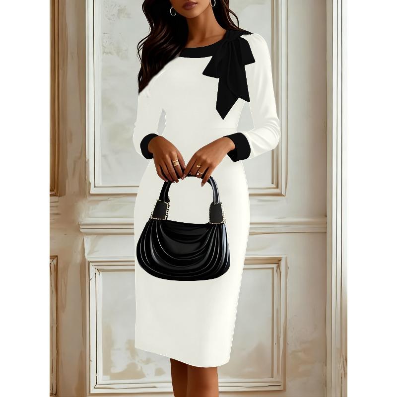 BFCCQB Women's Fashion Autumn Winter O-Neck Long Sleeve Solid Color Print Casual Dresses