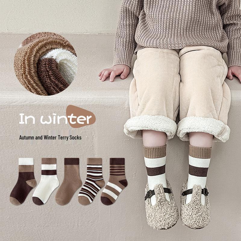 

2025 Winter Korean Style Thickened Terry Mid-Calf Children s Socks - Pack of 5 XL (9-12 years)