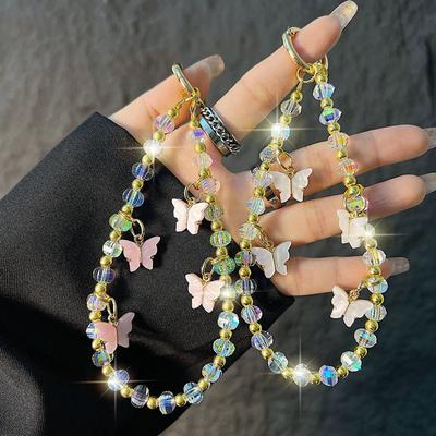 Chaîne de téléphone en cristal papillon esthétique haut de gamme Bracelet exquis avec pendentif papillon Porte-clés Ornement