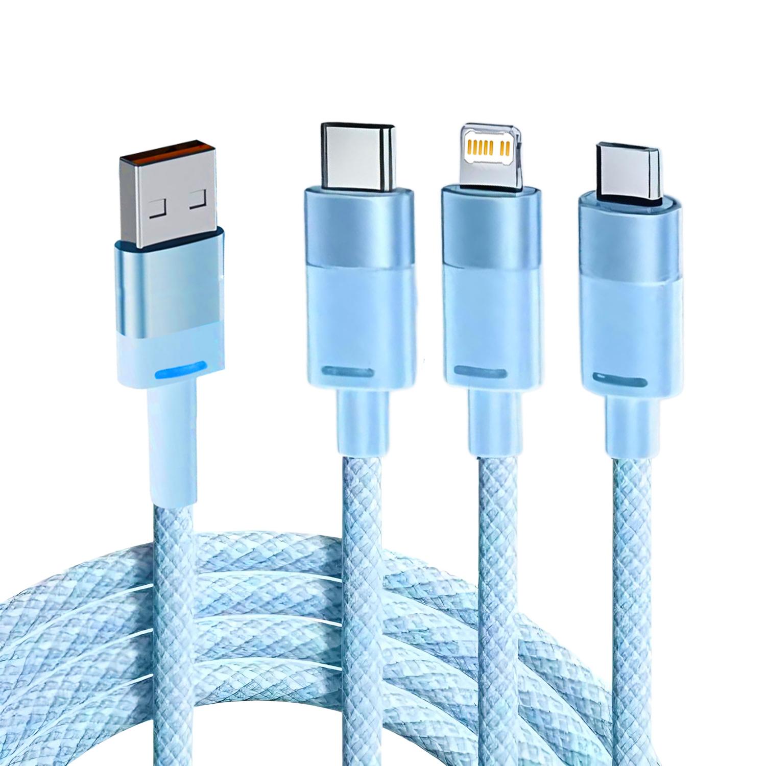 

Кабель USB Type-C 120 Вт Быстрая зарядка 3-в-1 Многофункциональное зарядное устройство Совместимо с iPhone 16/15/14 Pro Max Samsung Xiaomi Прочный синий