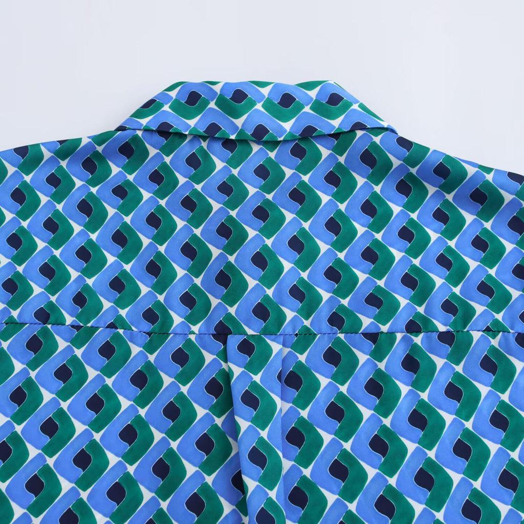 2025 Spring Women's European & American Geometric Silk Satin Shirt