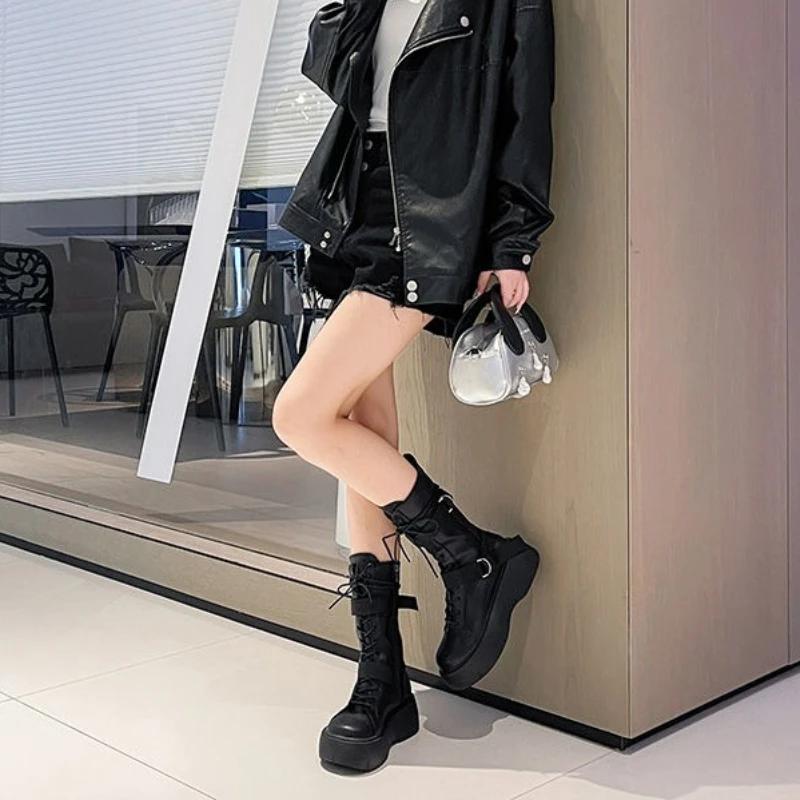 Fashion Punk Black Platform Mid Calf Shoes Woman Y2k Work Footwear Demi-season Sale Pu Boot On Promotion Offer Half High Boots for Women
