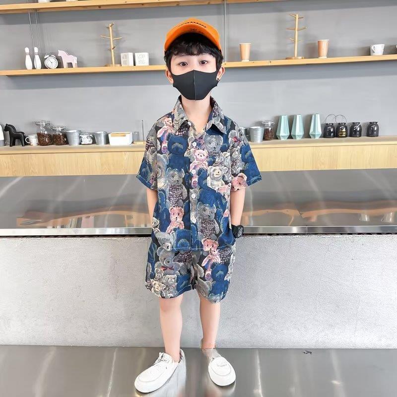 Boys Summer Suit Boys Hong Kong Style Flower Shirt Shorts Two-piece Casual Ice Silk