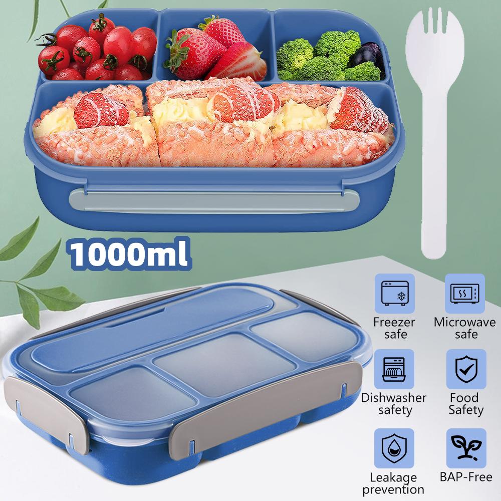 Bento Box Lunch Box Adult LunchBox Containers For Toddler Kids Adults 1000ml 4 Compartments Fork Leak-Proof Microwave Dishwasher