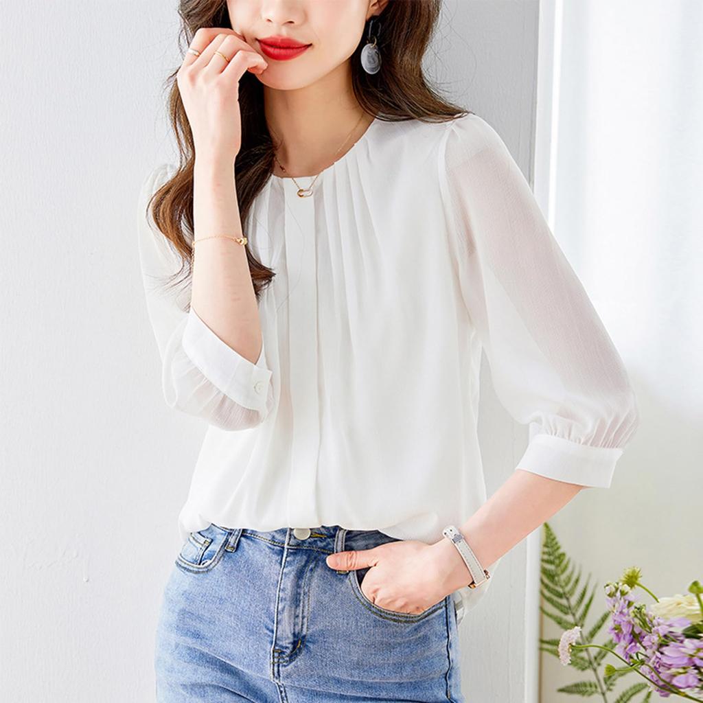 Hemd Bluse für Elegant Locker für Alltag Groß Herbst [Lalapala] Frauen, Chiffon, Oberteil, Passform, Einfarbig, Schlankmachend, Erwachsen, Stilvoll, Elegant, Vielseitig, 3/4