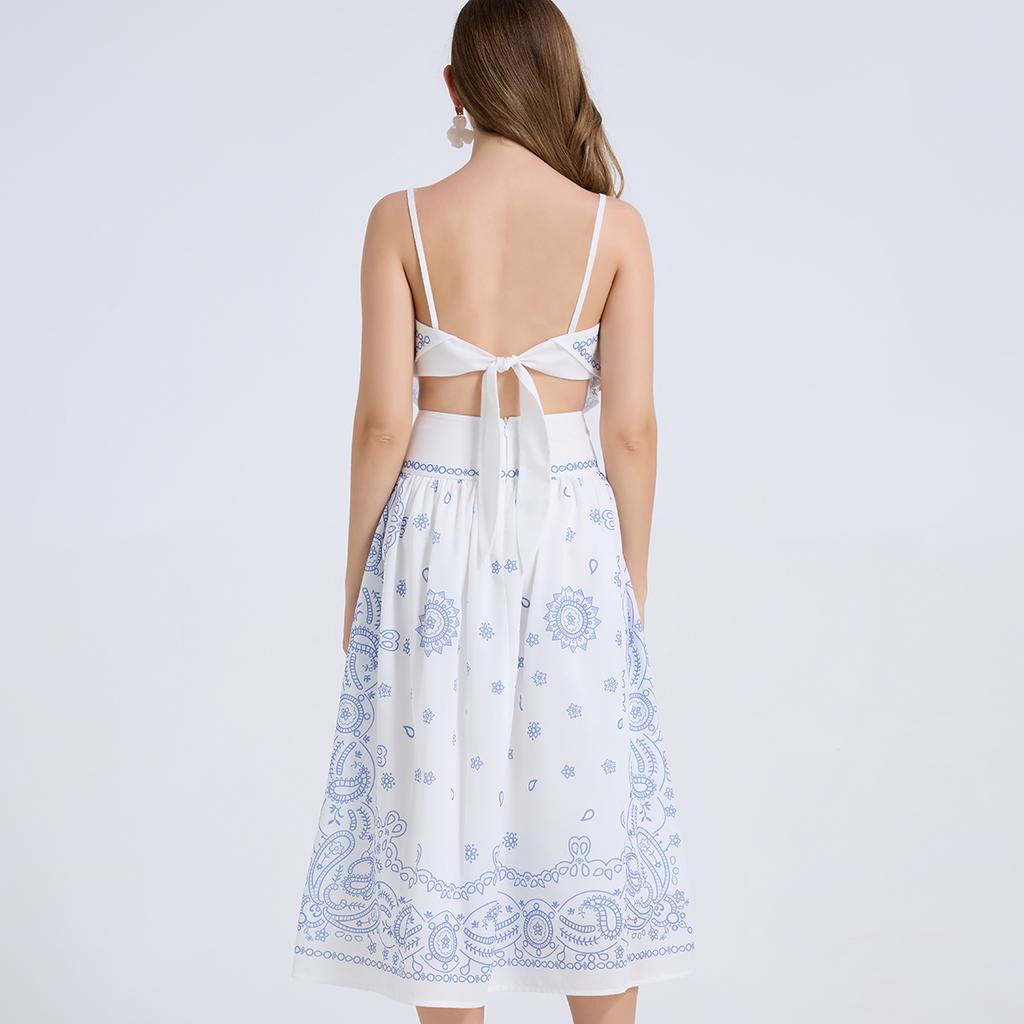 Boho Chic Paisley Print Two Piece Set Women Summer Sleeveless Spaghetti Strap Crop Top + High Waist Midi Skirt Sets Beach Vacation Skirt Suits