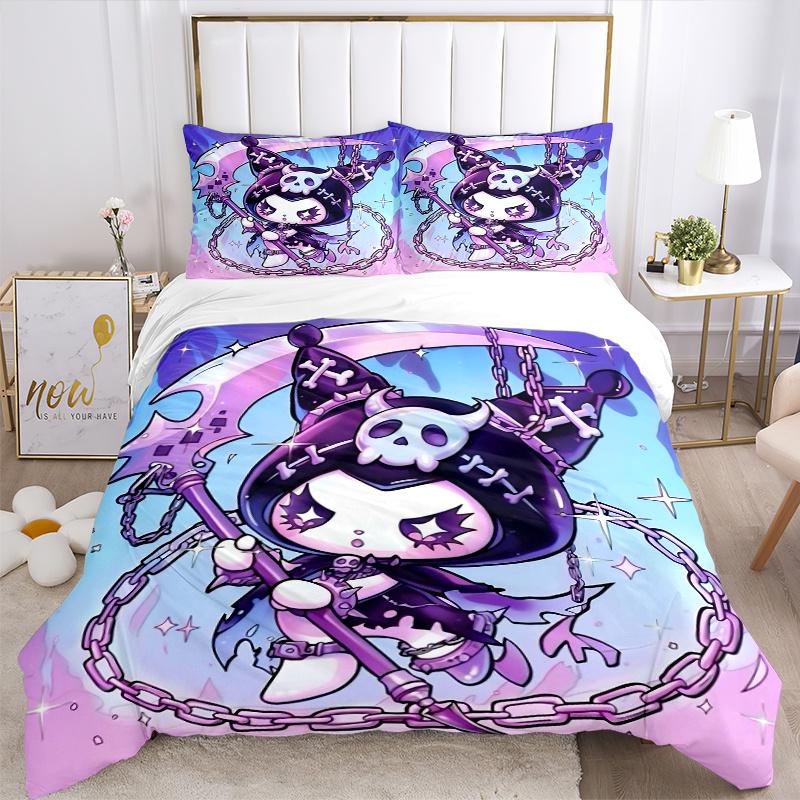 3pcs Cute Death Kuromi Quilt Cover Set - Soft & Comfortable Polyester Fabric, All-Season Breathable Comforter Set For 1 Quilt Cover & 2 Pillowcas