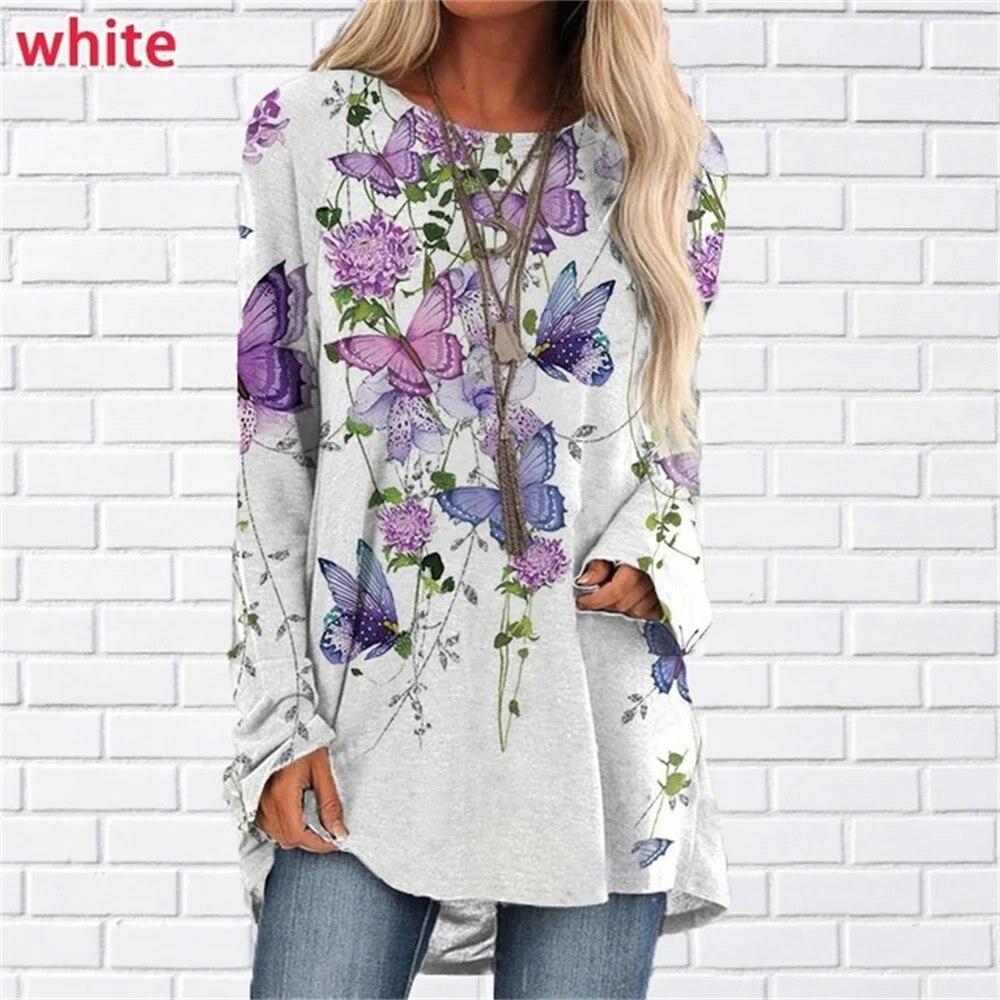 Floral 3d Print T-shirts Women Fashion T-shirt Long Sleeve Tops Tees Summer Long Tops Ladies Camisetas Butterfly Tshirt Girl