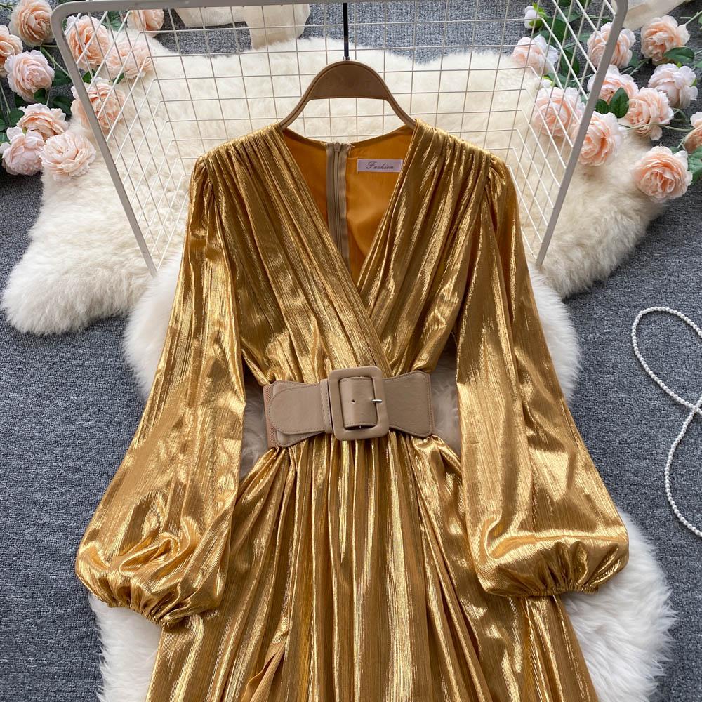 RUGOD Rochii europene și americane Temperament high-end cu decolteu în V Talie subțire și ușoară Stil matur Rochie lungă cu leagăn mare Femei