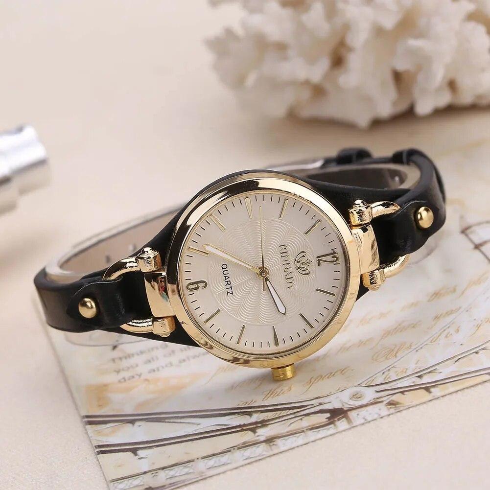 Women Casual Watches Round Dial Rivet PU Leather Strap Wristwatch Ladies Analog Quartz Watch Gift