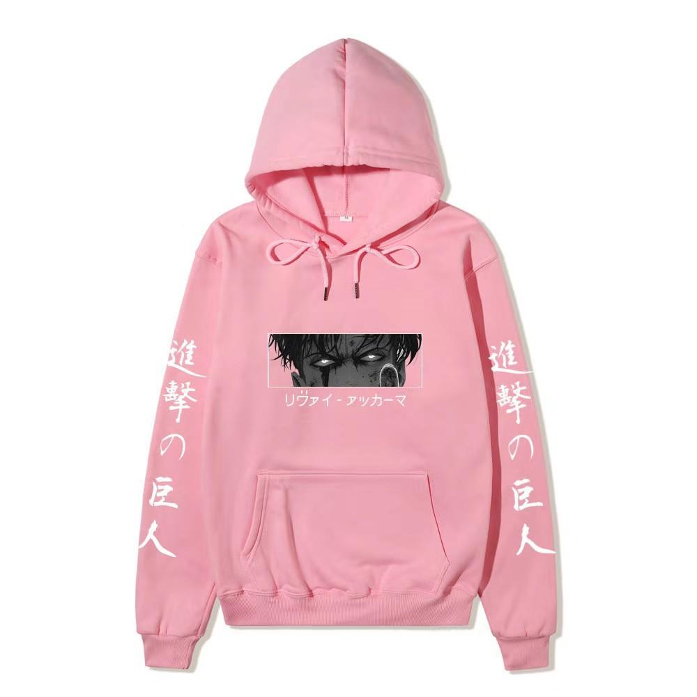 Anime Attack On Titan Levi Ackerman Hoodie, Double Sleeve Japanese Text Print Pullover Sweatshirt Long Sleeve Streetwear for Men Women