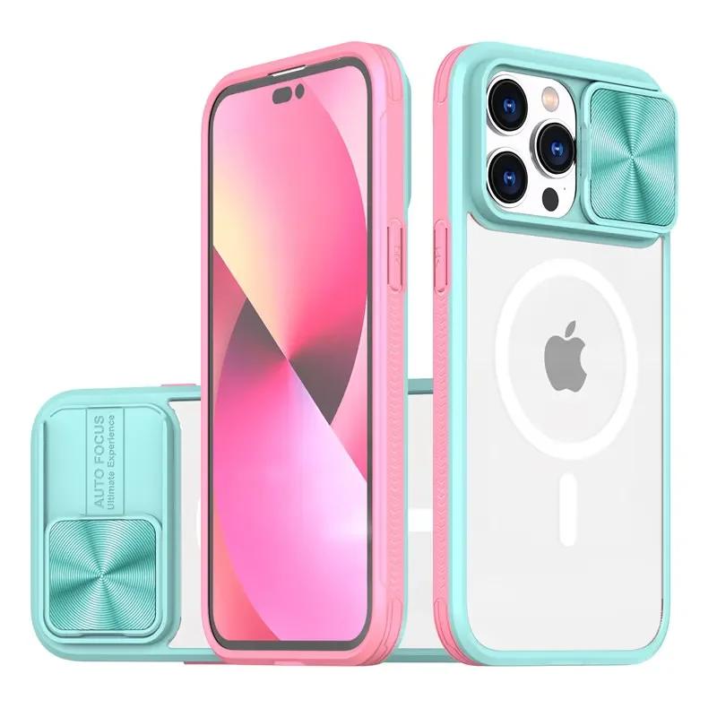 Slide Camera Lens Protector Armor Case For iPhone 15 13 14 Plus 11 12 Pro Max For Magsafe Shockproof Armor Bumpers Clear Cover