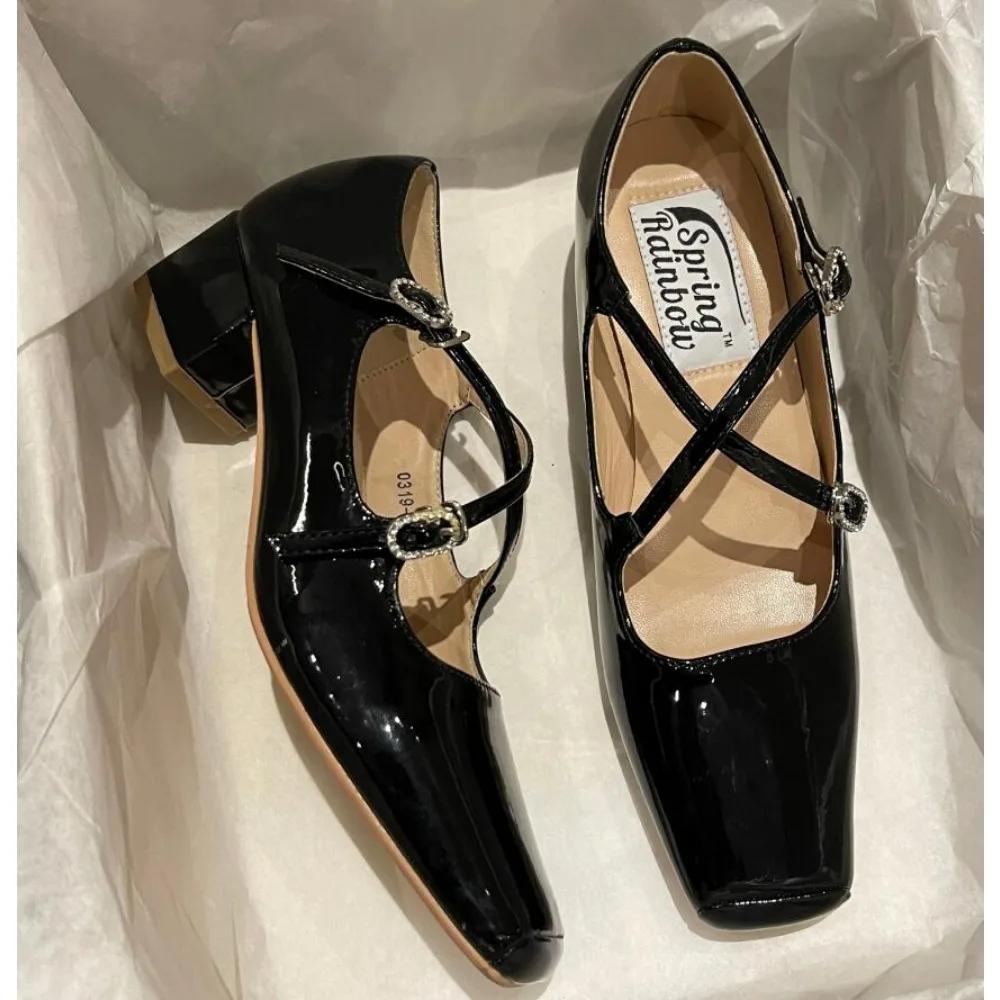 Square Heels Mary Janes Square Toe Med Heels Flats Spring/Autumn Solid Color Women's Shoes Buckle Strap Fashion Ladies Shoes