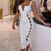 Knitted Hollow Out Maxi Dress Women Elegant Deep V-Neck Halter Lace Up Sleeveless